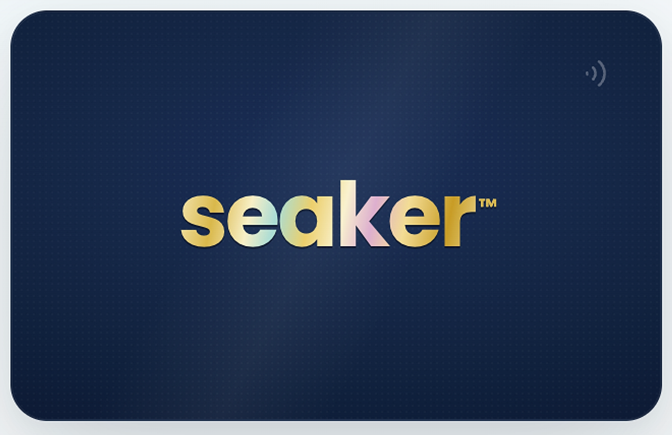 Seaker Connect card front — deep navy with the gold holographic seaker wordmark